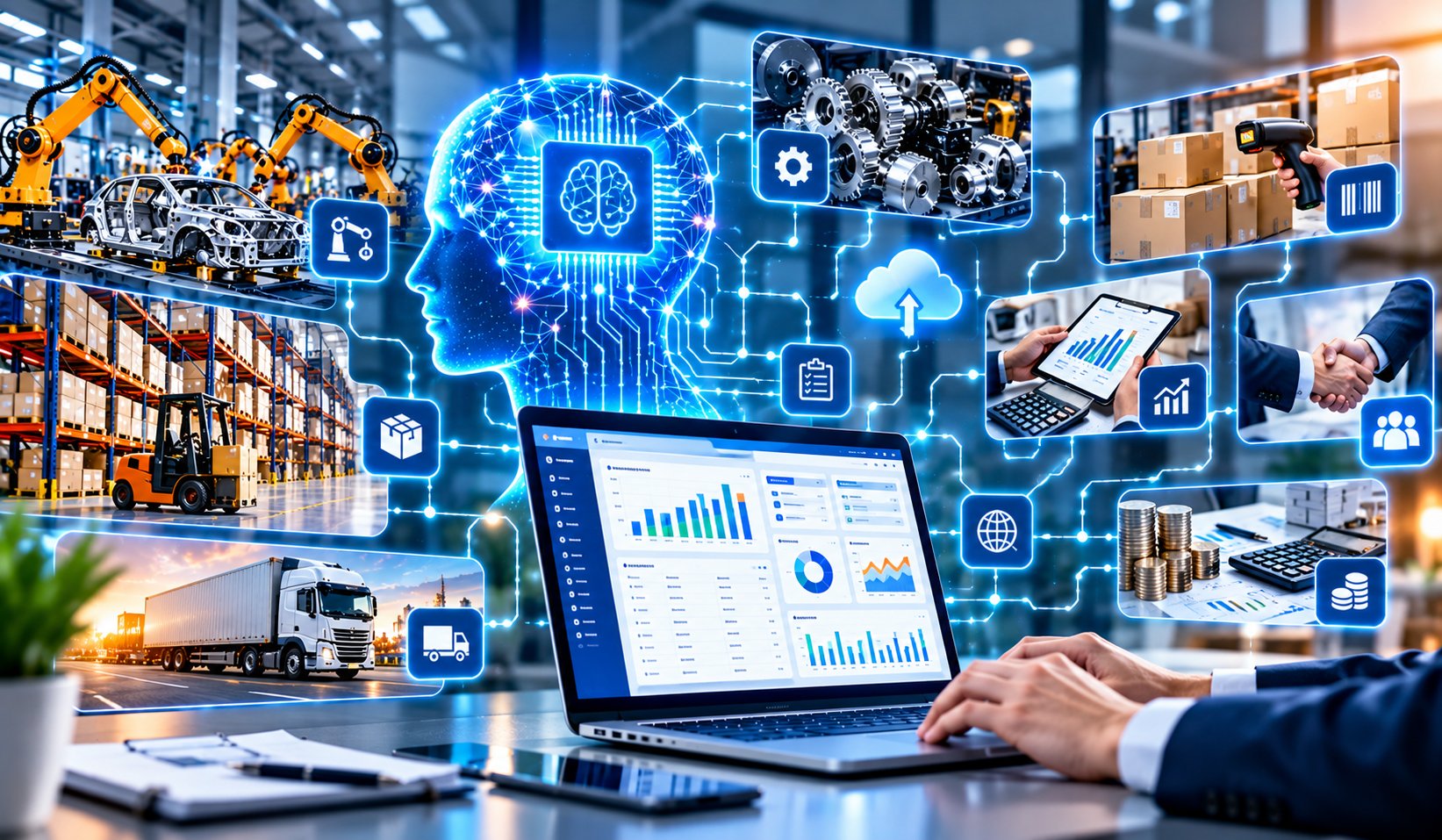 ERP connecting manufacturing, warehouse, logistics, finance and sales through one cloud dashboard