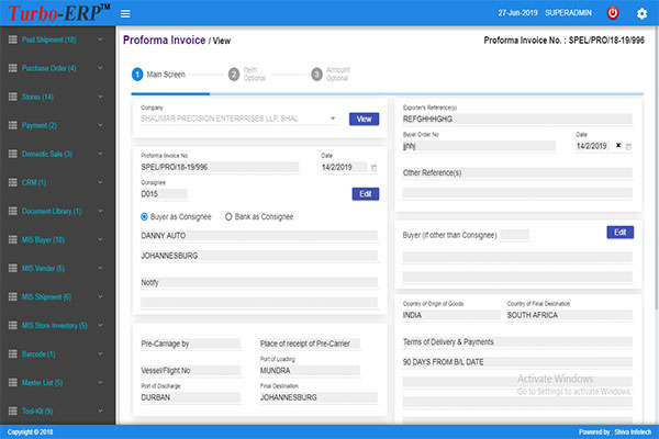 Turbo-ERP proforma invoice screen